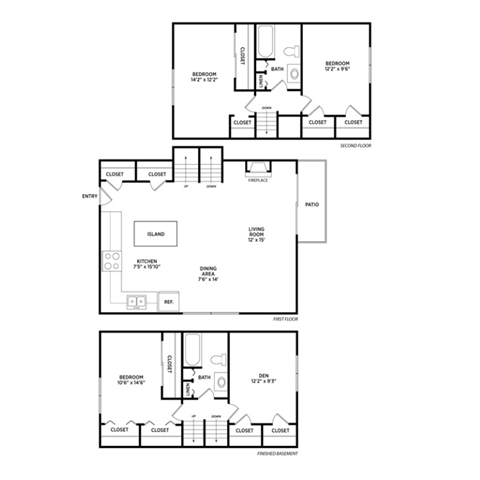 Floor plan for 3 beds, 2 baths, 1112 sqft